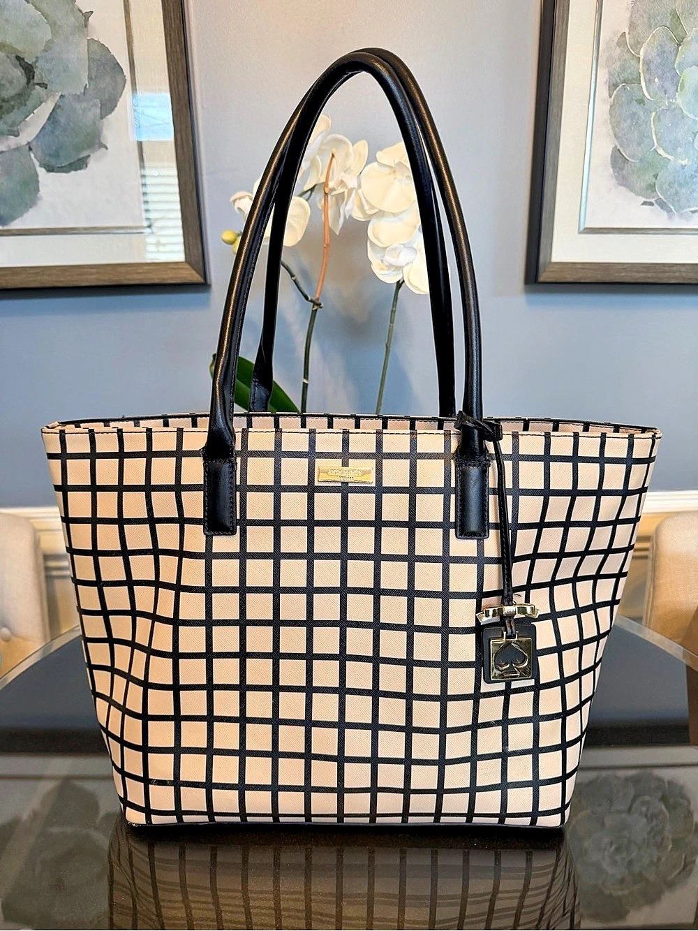 Kate Spade New York Grid Print Tote in Black & Cream